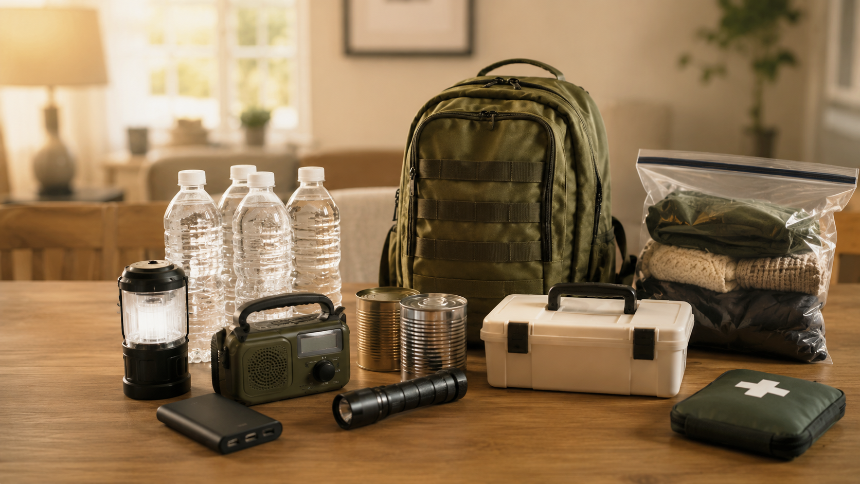 Organized household preparedness supplies including water bottles, a lantern, radio, flashlight, phone power bank, first aid kit, food, clothing, and storage bag