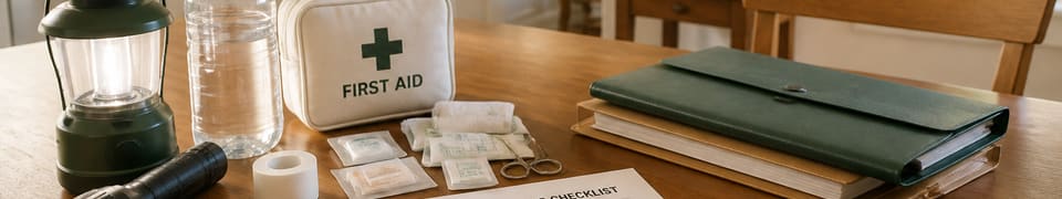Organized household preparedness supplies on a kitchen table with a checklist, phone, flashlight, documents, and water container
