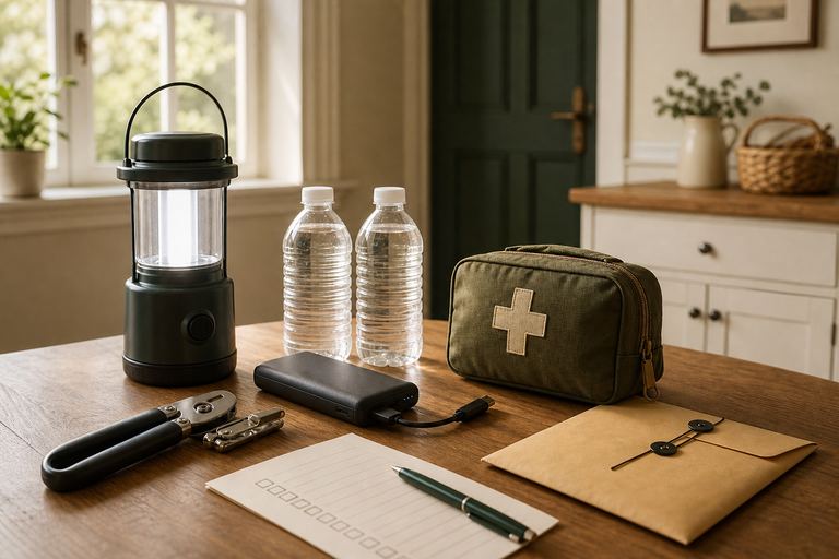 Organized household starter supplies with a lantern, phone power bank, first-aid pouch, water bottles, document envelope, and checklist on a table.